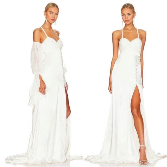 For Love & Lemons Esme Puff Sleeve Bridal White Maxi Gown Size Large - Picture 3 of 12